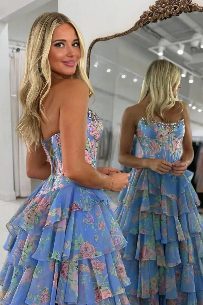 A Line Floral Chiffon Ruffled Prom Dresses With Beading