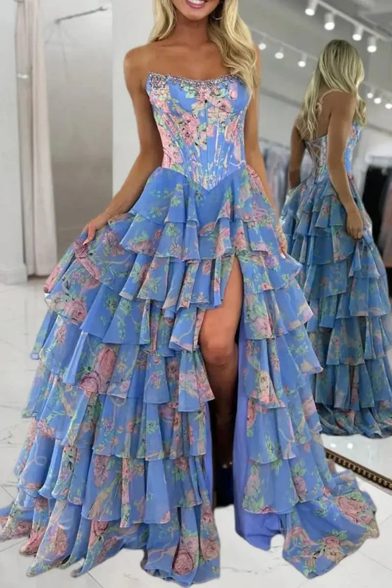 A Line Floral Chiffon Ruffled Prom Dresses With Beading
