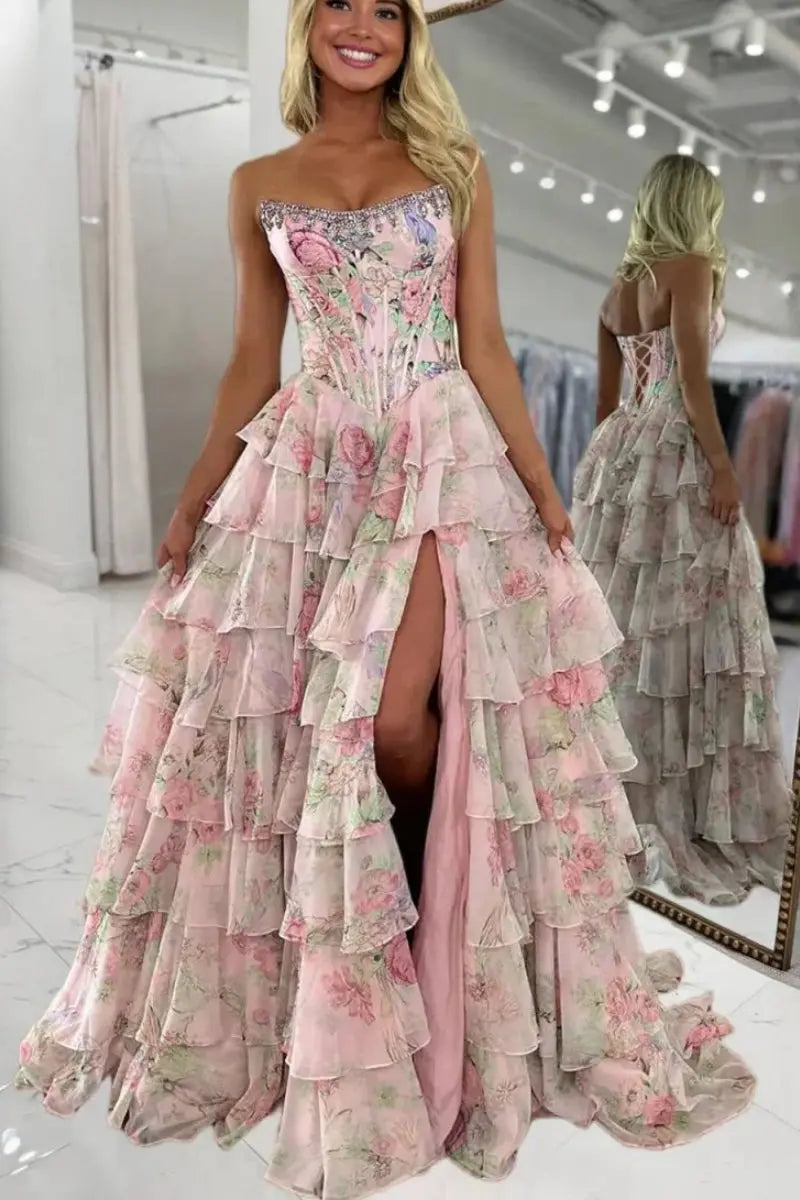 A Line Floral Chiffon Ruffled Prom Dresses With Beading
