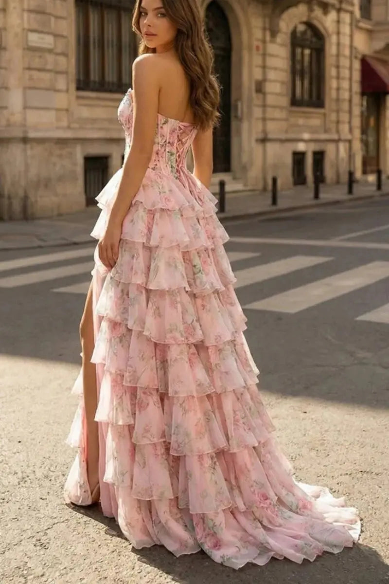 A Line Floral Chiffon Ruffled Prom Dresses With Beading