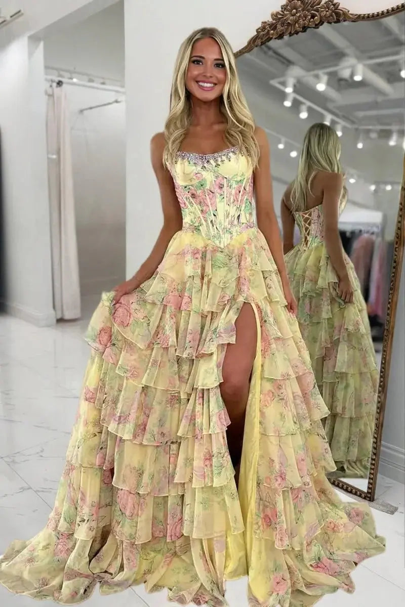 A Line Floral Chiffon Ruffled Prom Dresses With Beading