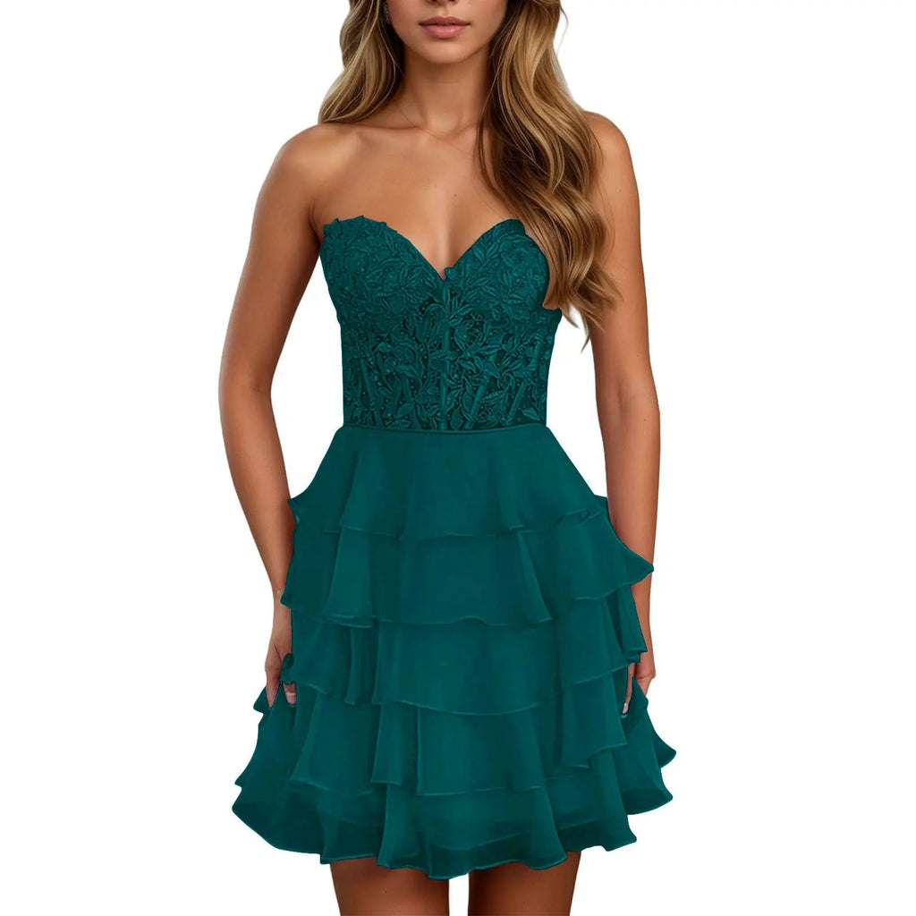 A Line Lilac Strapless Tiered Corset Short Homecoming Dress with Appliques