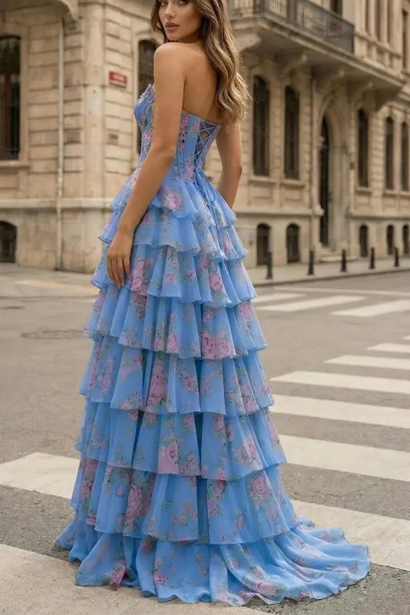 A Line Floral Chiffon Ruffled Prom Dresses With Beading