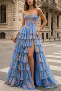 A Line Floral Chiffon Ruffled Prom Dresses With Beading