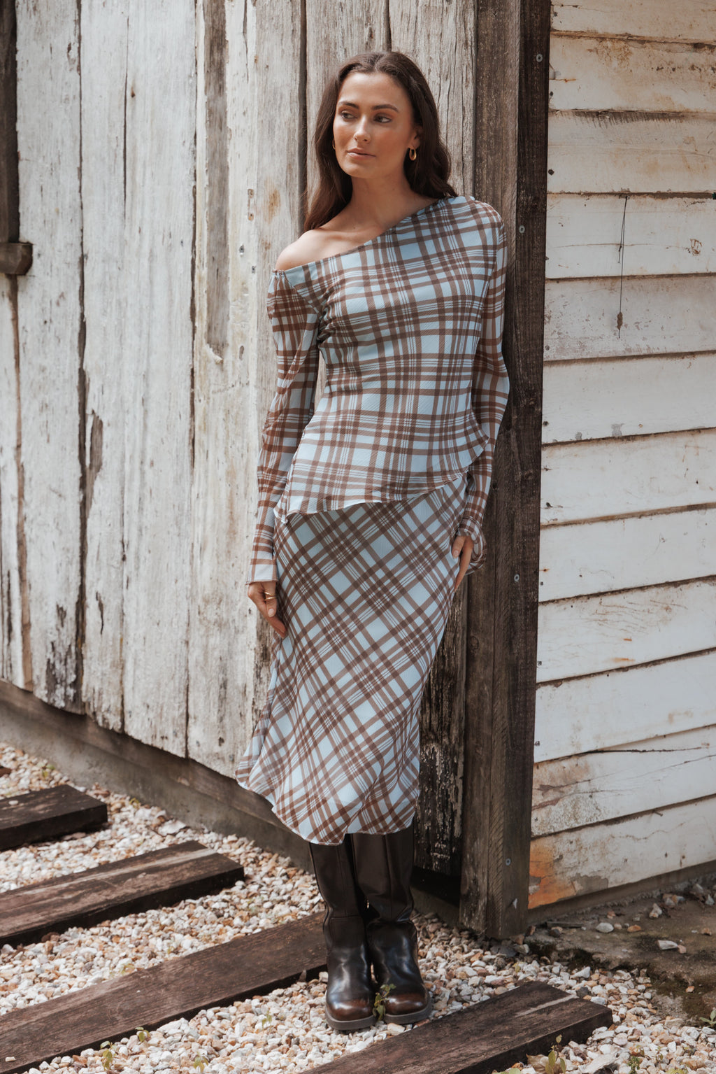 Josiana Pencil Skirt - Blue/Brown Plaid