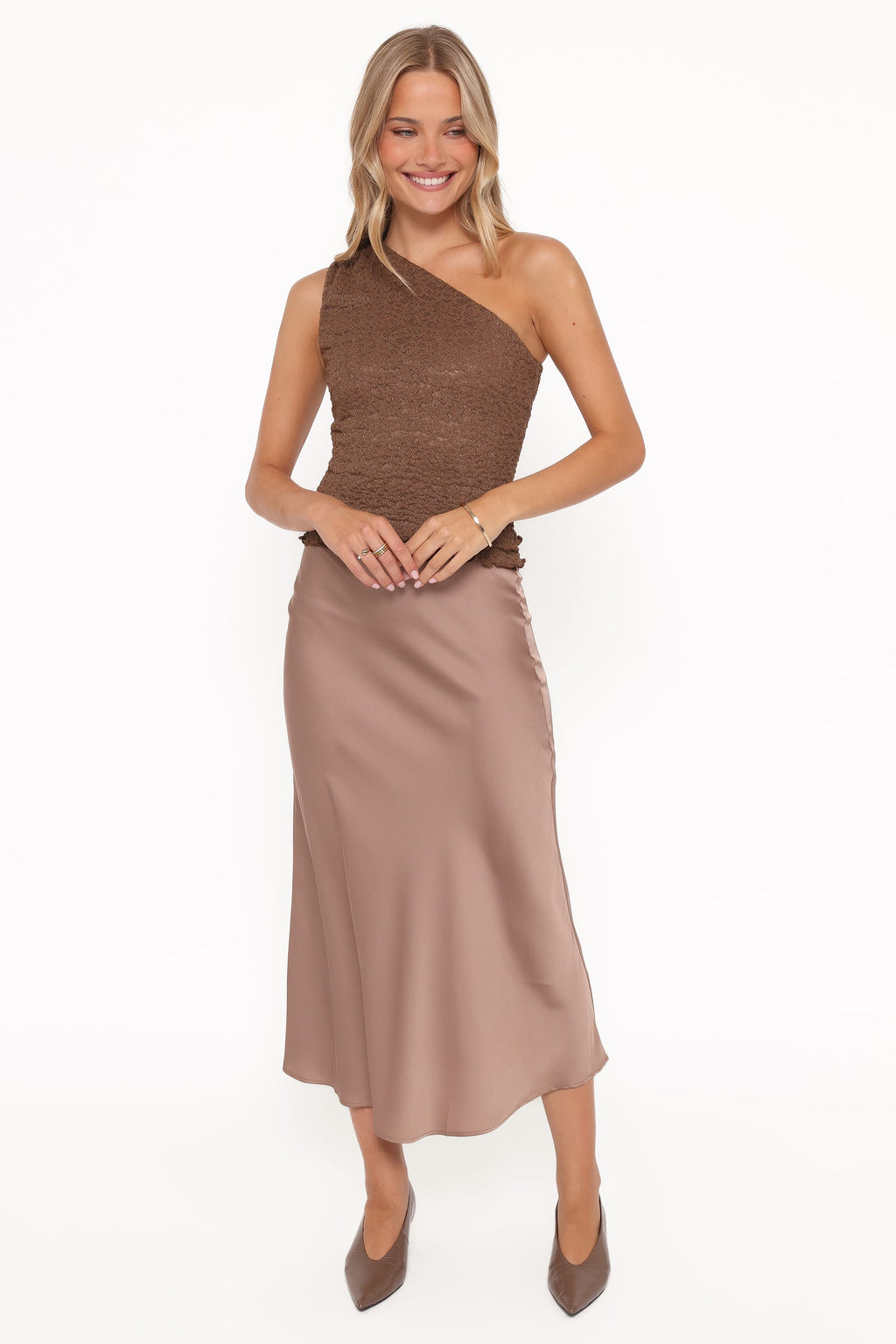 Nellie Satin Midi Skirt - Mocha Brown