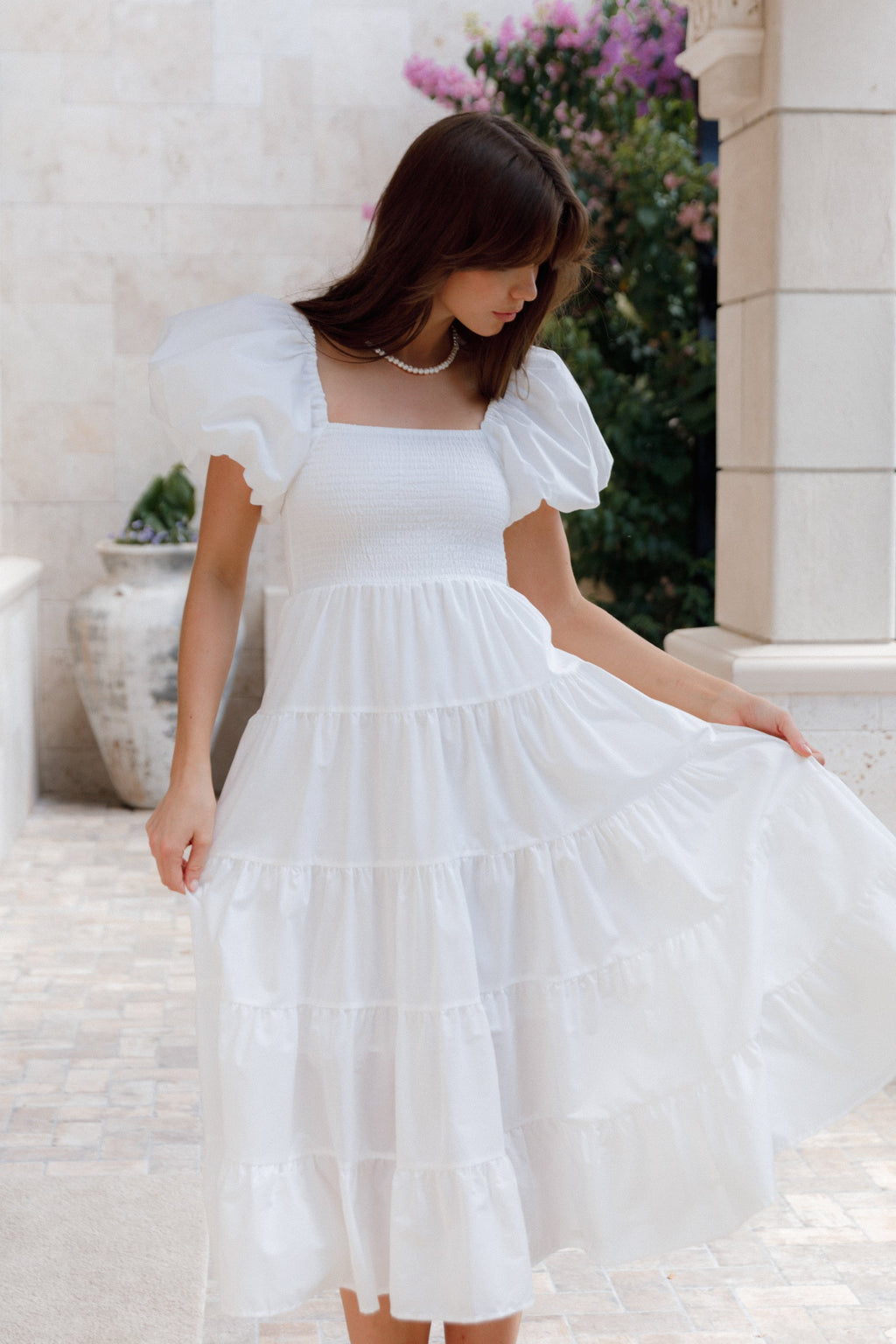 Annette Puff Sleeve Shirred Midi Dress - White