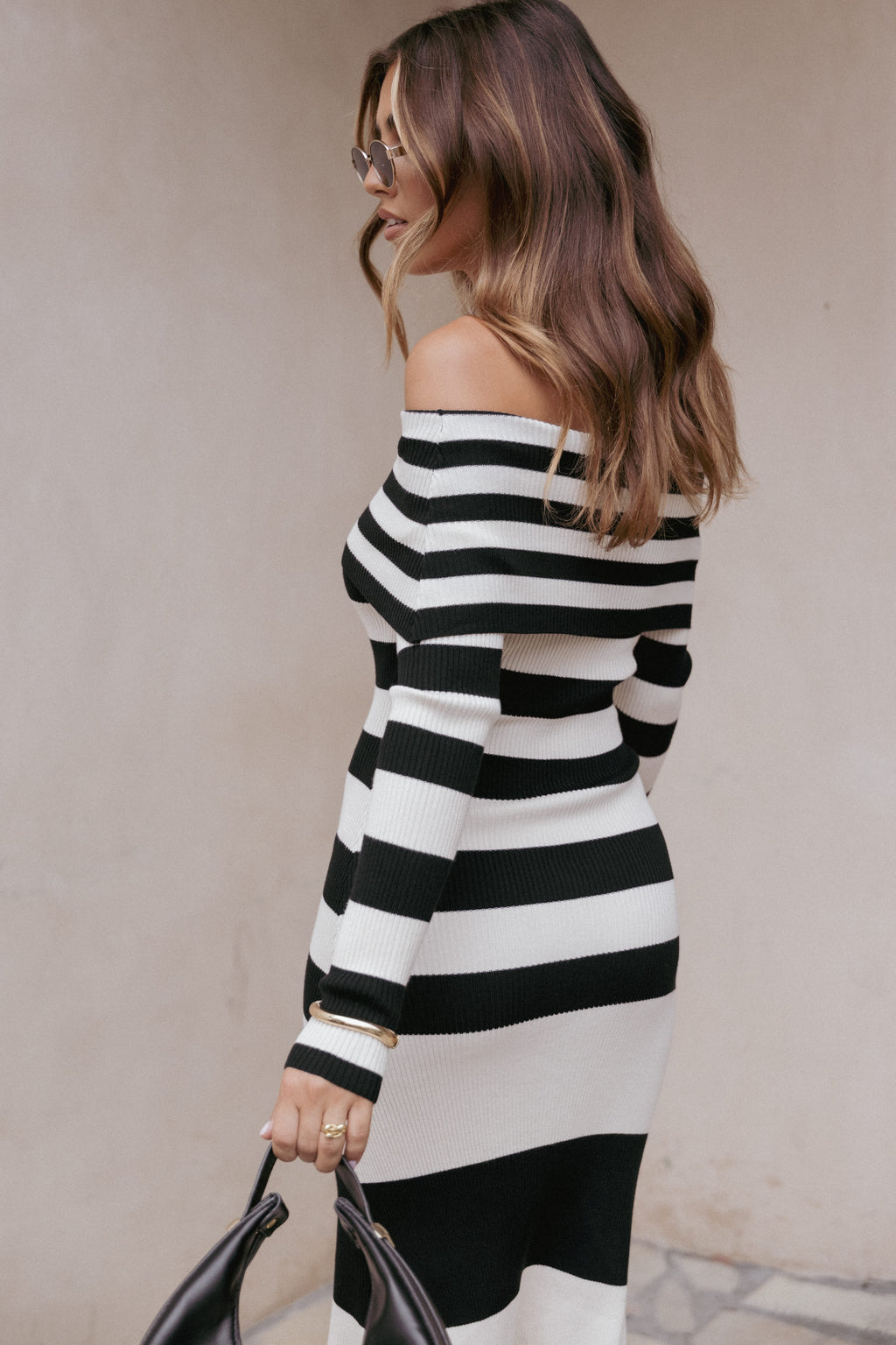Banks Off Shoulder Knit Dress - Black Cream Stripe