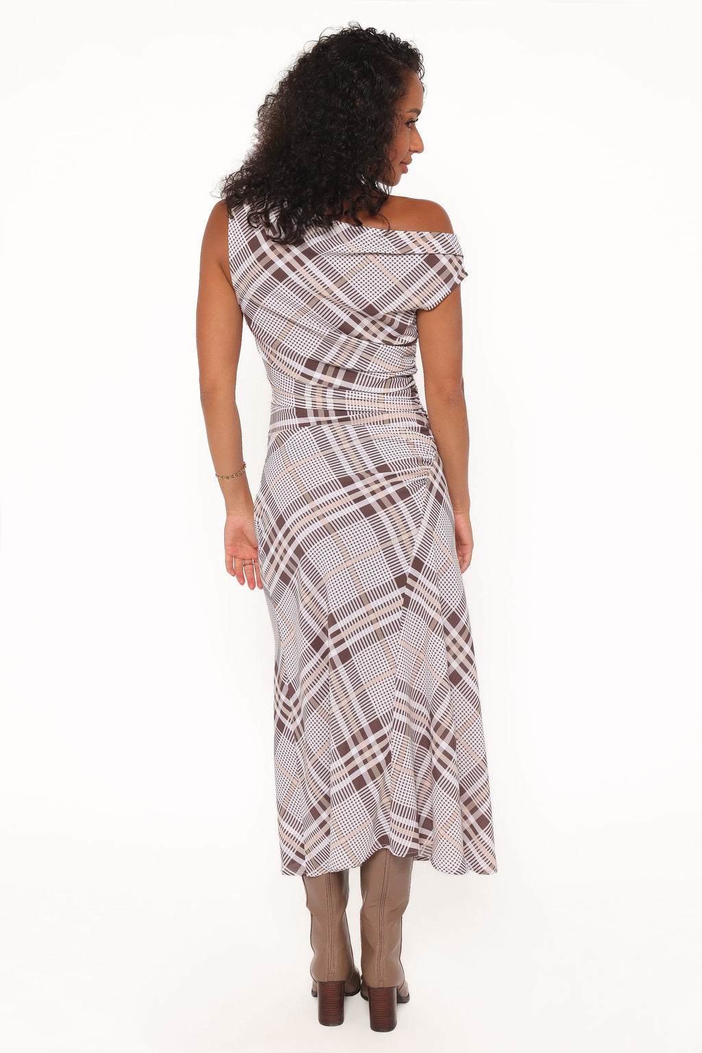 Dawn Off Shoulder Midi Dress - Plaid