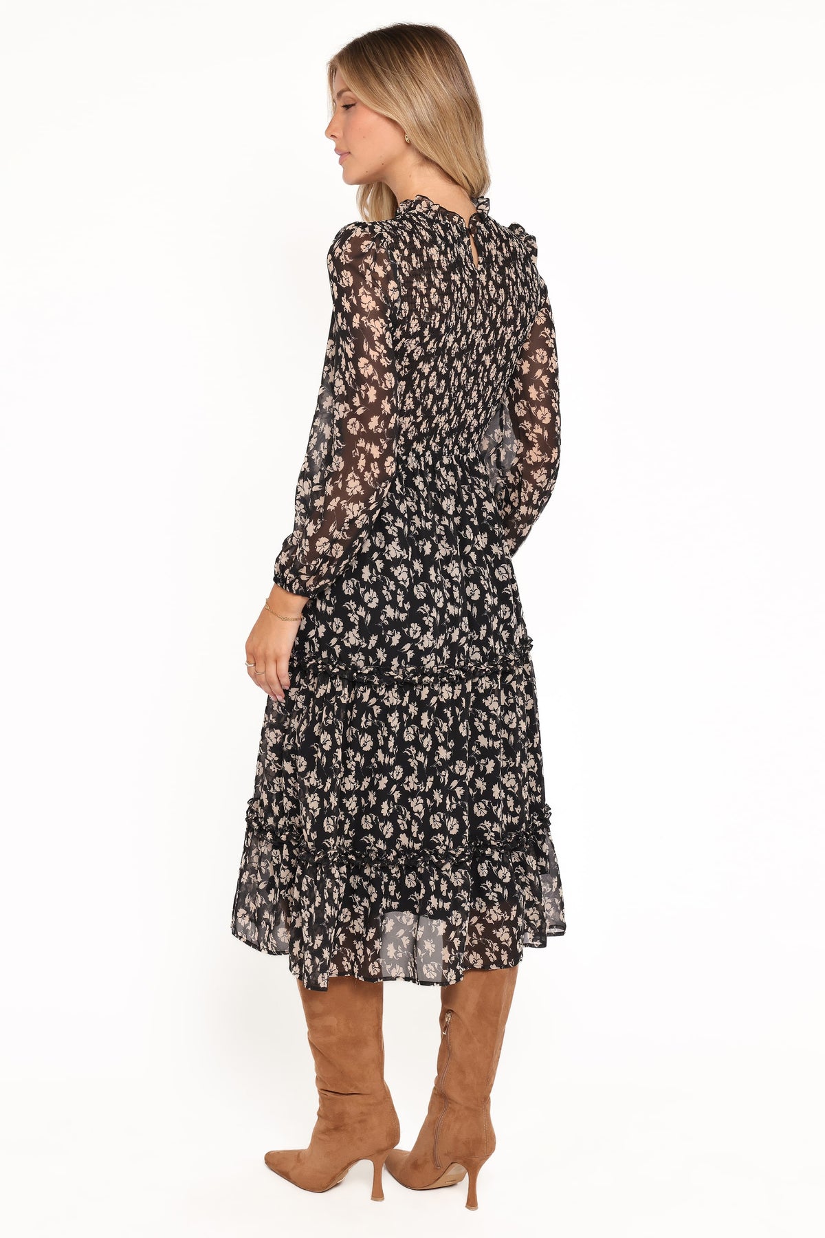 Edwina Shirred Frill Long Sleeve Midi Dress - Black Ditsy Floral