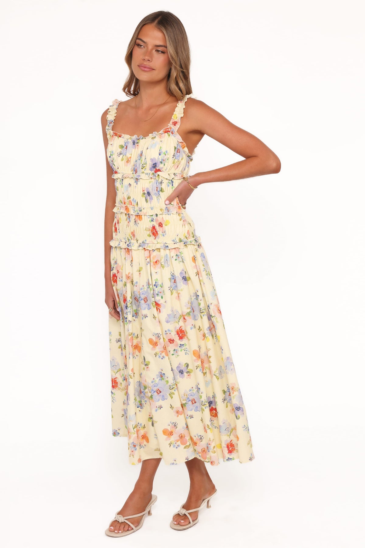 Enola Gather Midi Dress - Yellow Floral