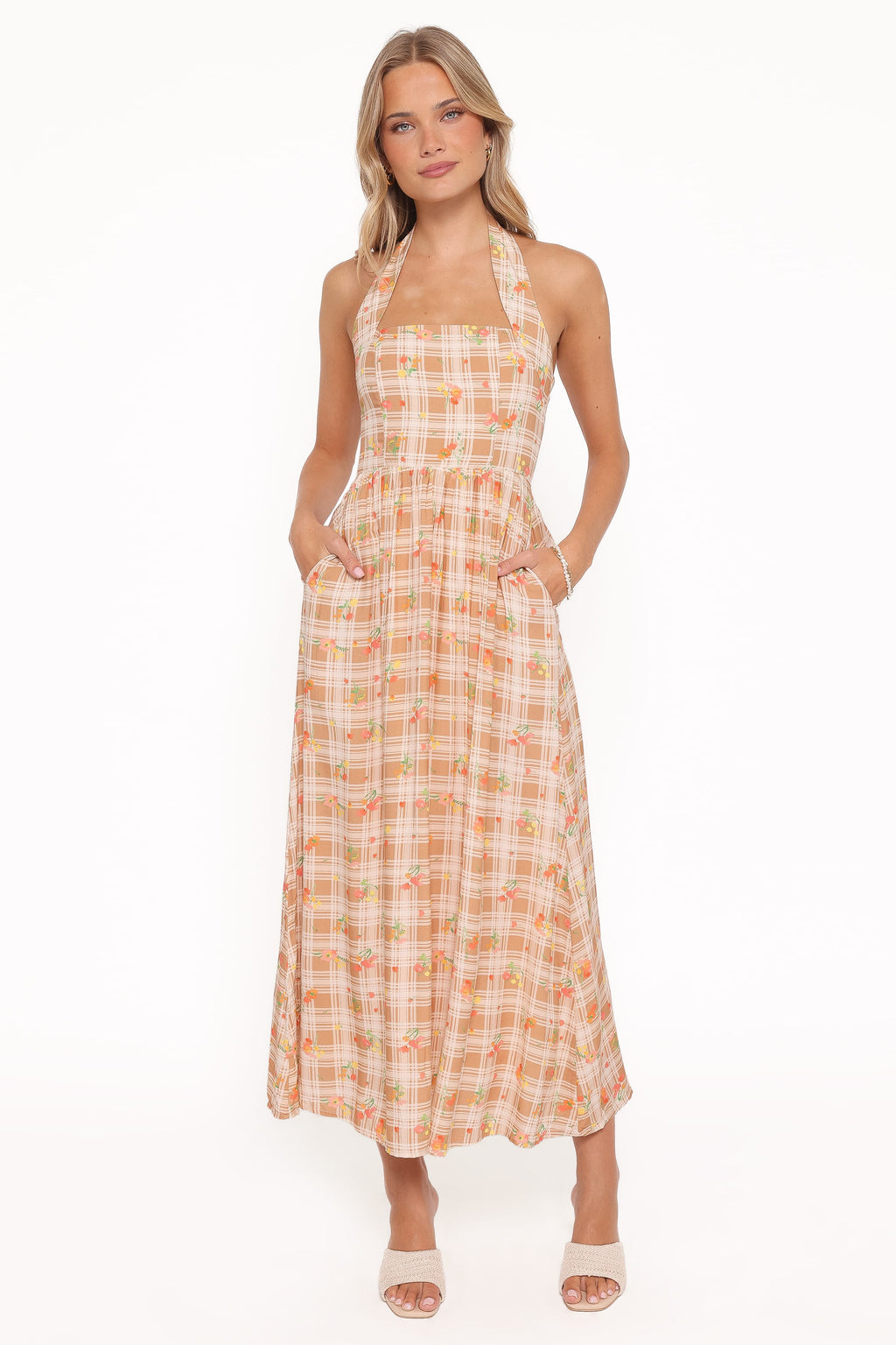 Gemini Halterneck Maxi Dress - Yellow Floral Gingham