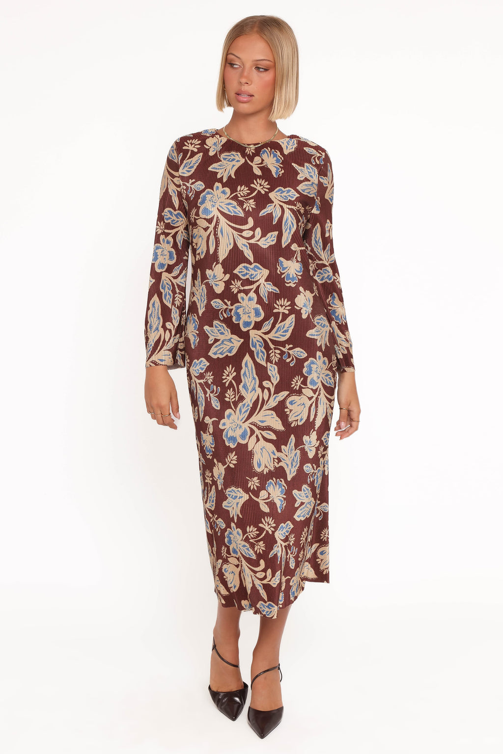 Morena Long Sleeve Midi Dress - Brown Floral