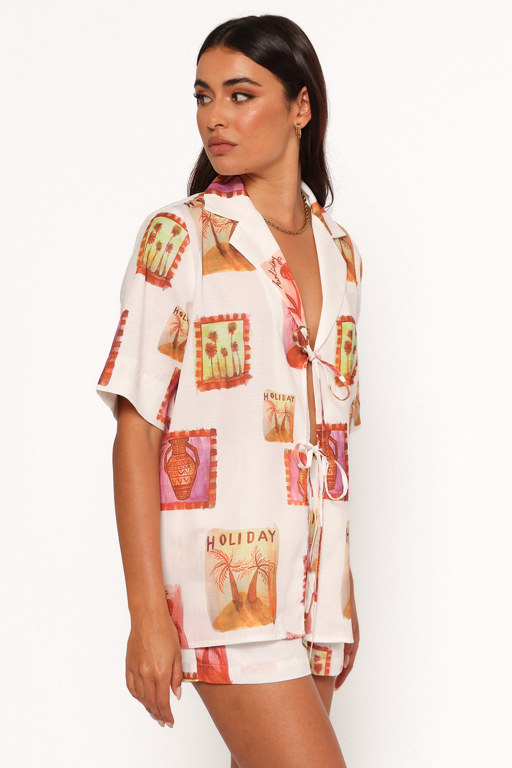 Aaliyah Tie Front Top - White Multi
