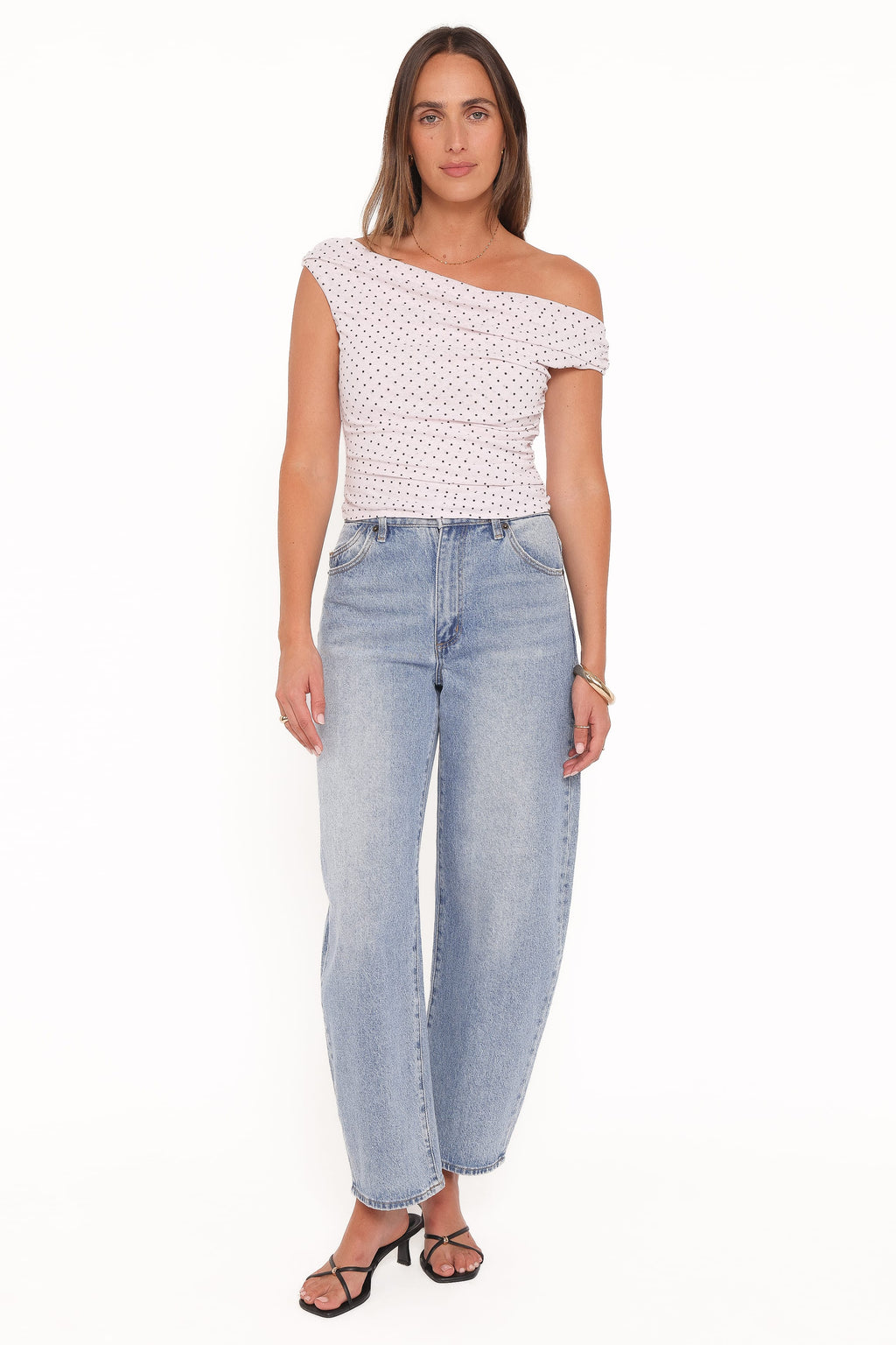 Aaron Off Shoulder Top - Pale Pink Dot