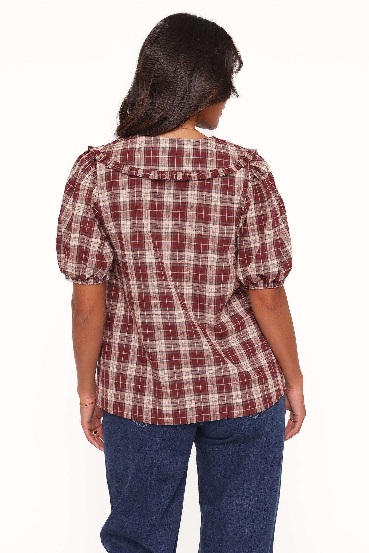 Evandri Frill Collar Top - Burgundy Plaid