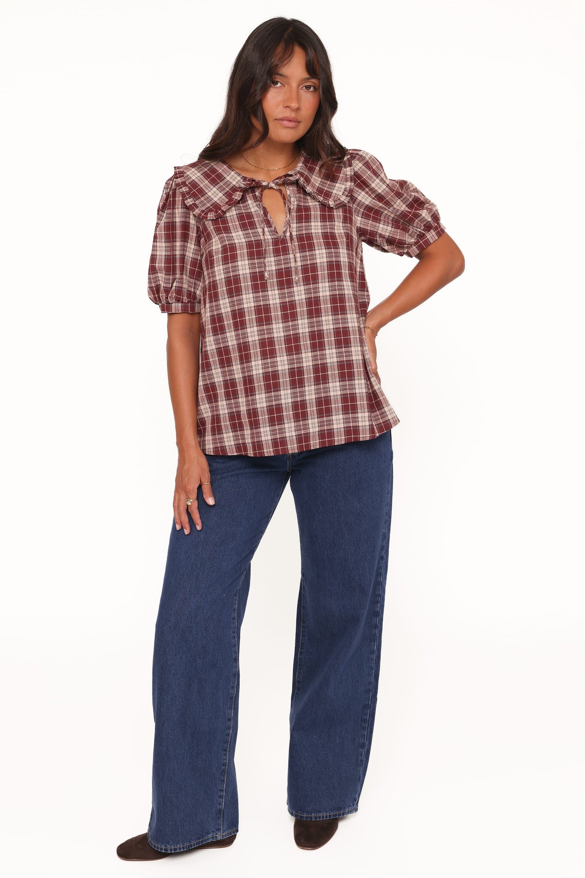 Evandri Frill Collar Top - Burgundy Plaid