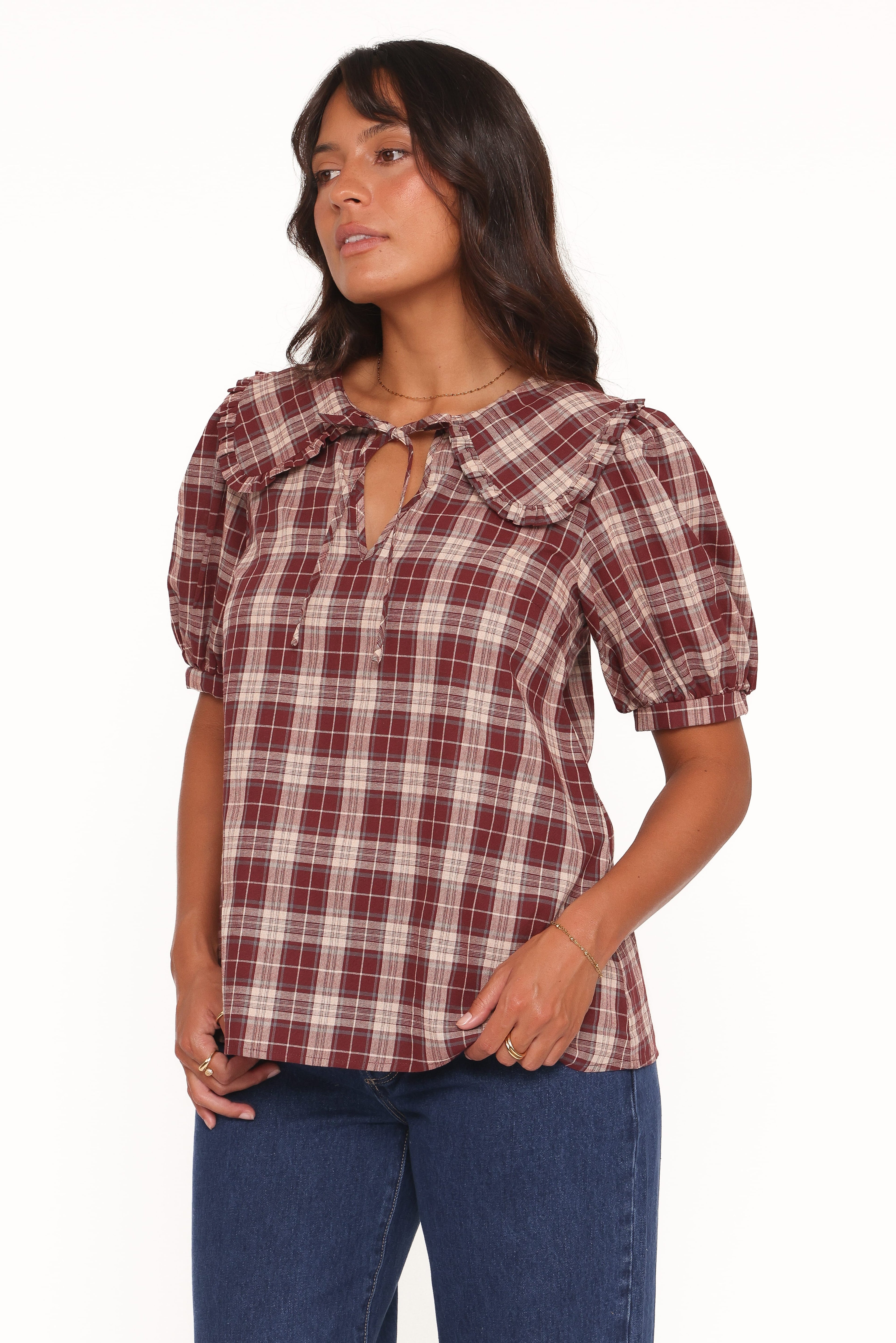 Evandri Frill Collar Top - Burgundy Plaid