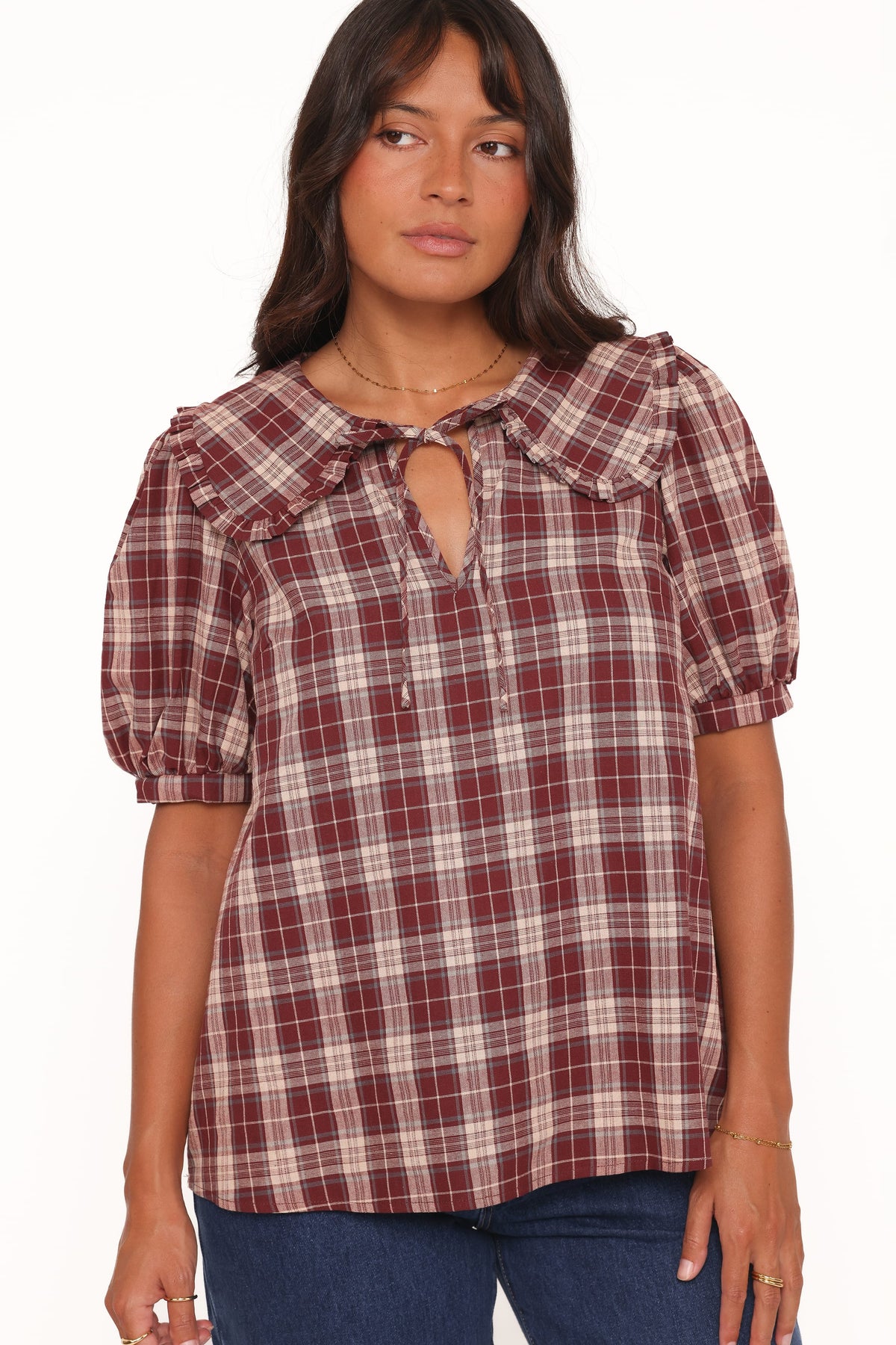 Evandri Frill Collar Top - Burgundy Plaid