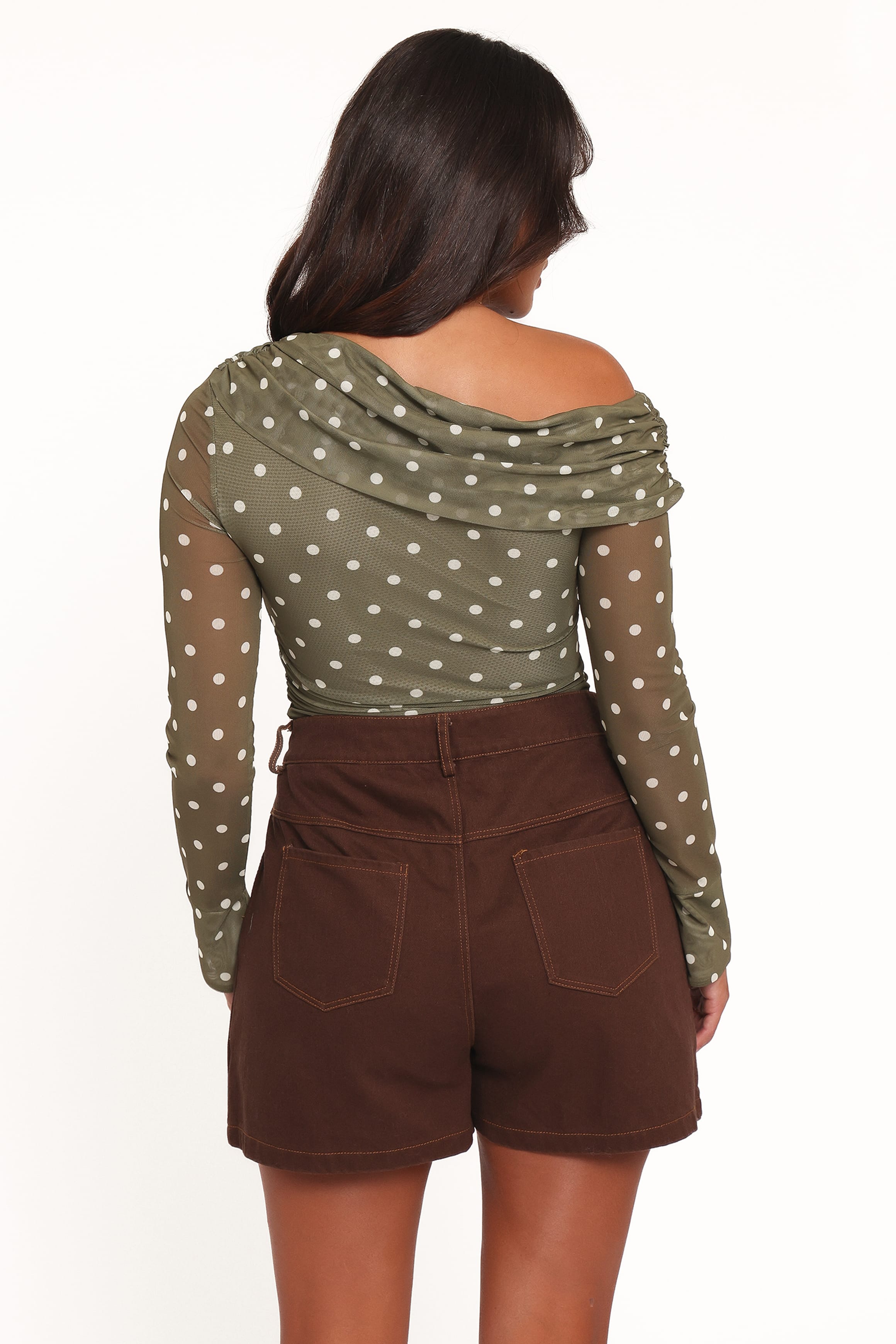 Ginevra Off Shoulder Mesh Top - Green Polka Dot