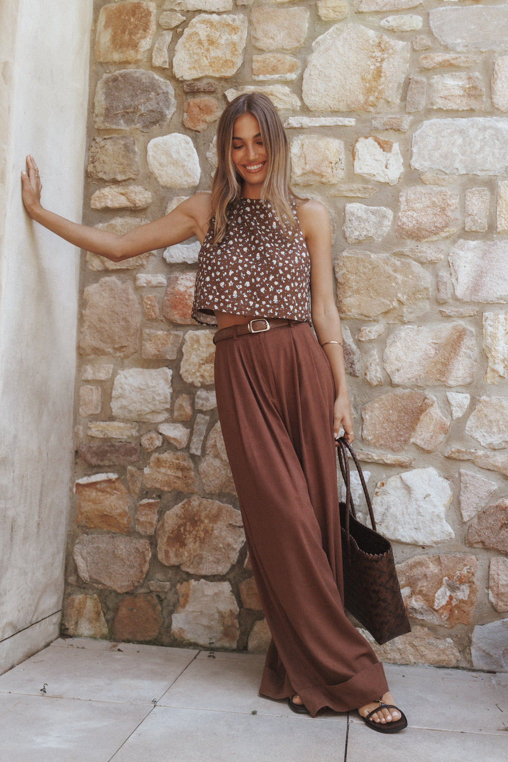 Madison Linen Cropped Tank - Brown Floral