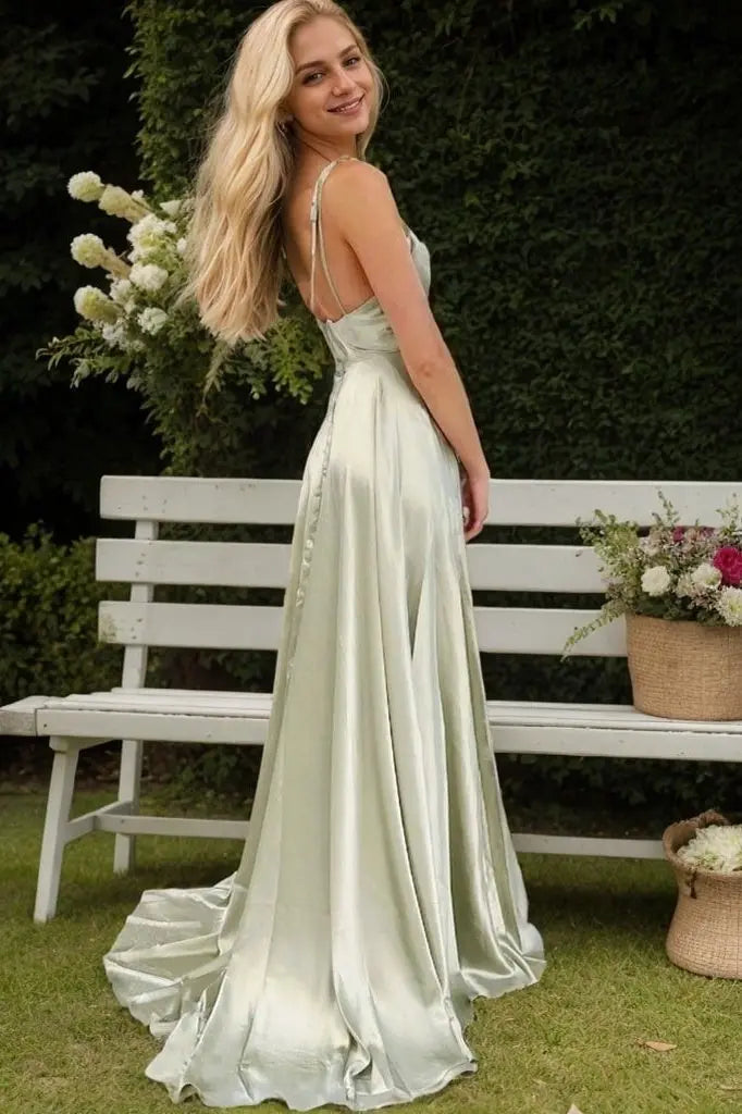 A-line Sleeveless Cowl Neck Long/Floor-Length Charmeuse Prom Dress With Pleated Split