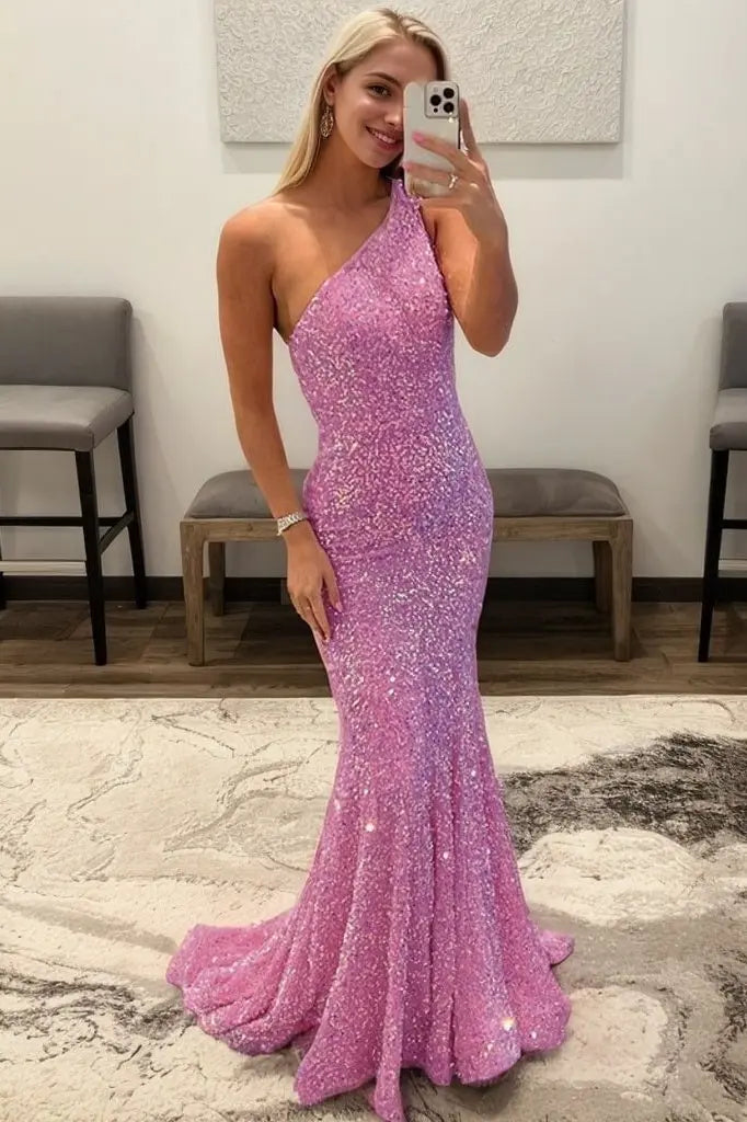 Trumpet/Mermaid One-Shoulder Sleeveless Sparkling Allover Sequined Prom Dress