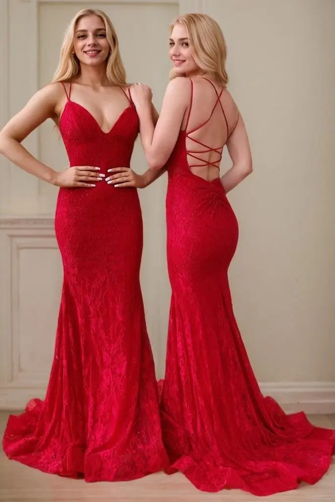 Mermaid V-neck Backless Sleeveless Lace Red Formal Prom Dresses Long Slit Evening Gowns