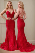 Mermaid V-neck Backless Sleeveless Lace Red Formal Prom Dresses Long Slit Evening Gowns