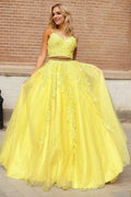 A-Line/Princess Tulle Applique Sleeveless V-neck Floor-Length Two Piece Prom Dresses