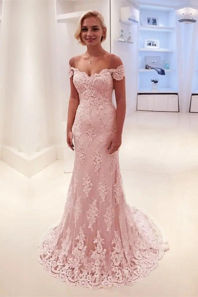 Trumpet/Mermaid Off-the-Shoulder Sleeveless Lace Sweep/Brush Train Prom Dresses
