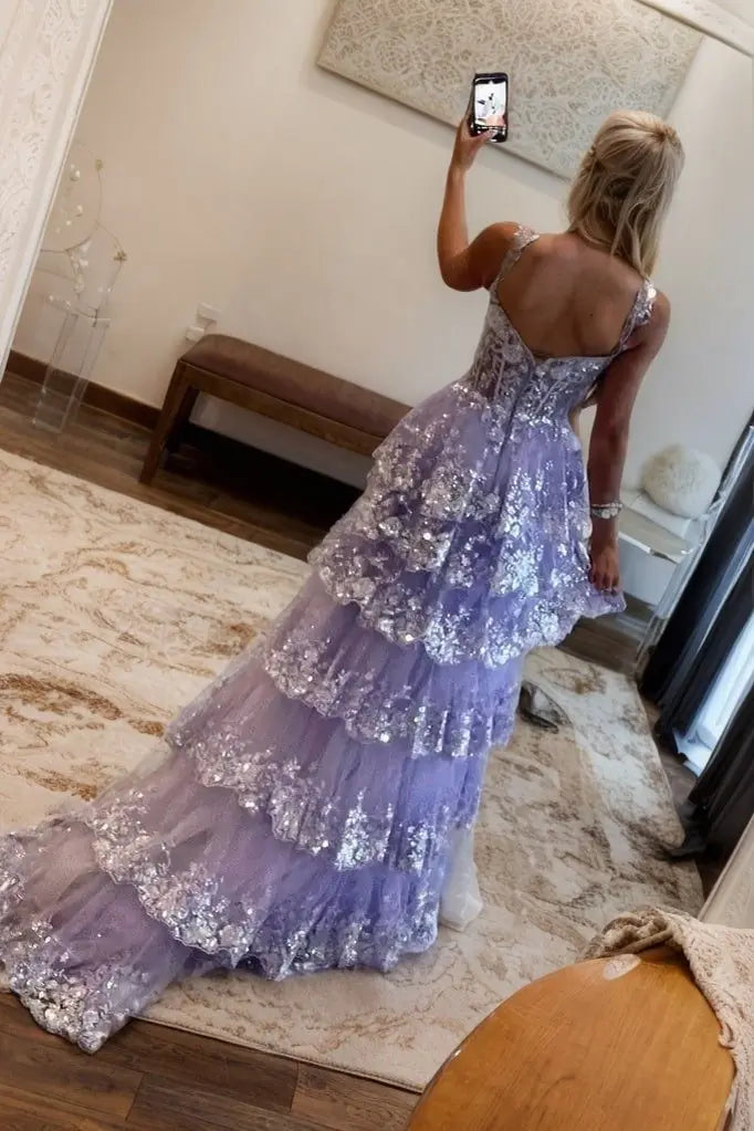 A Line Tulle Lace Halter Lilac Tiered Prom Dress Formal Evening Gowns