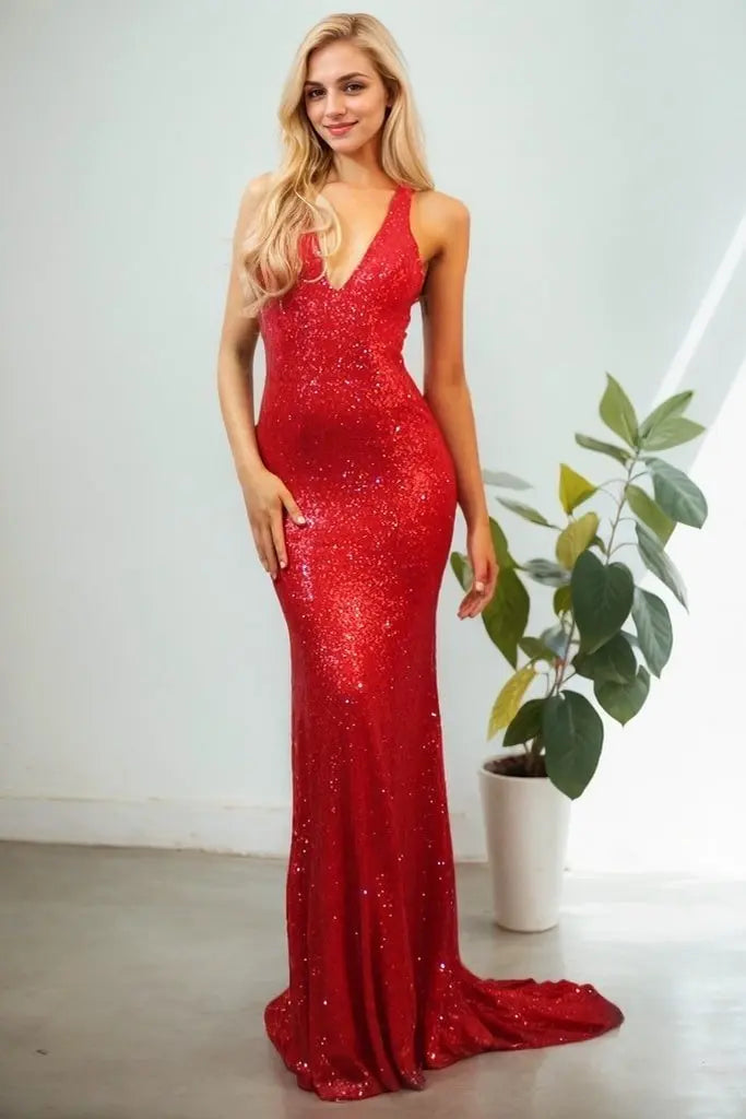 Sheath/Column Sequins Ruffles V-neck Sleeveless Sweep/Brush Train Prom Dresses