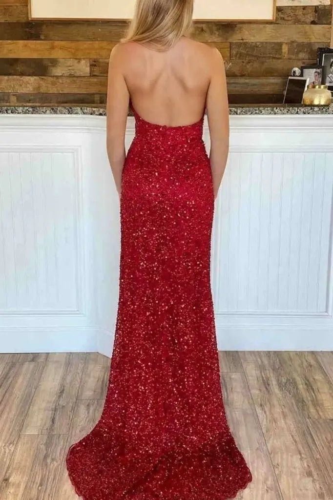 Sheath/Column V Neck Sleeveless Court Train Velvet Sequins Prom Dresses With Split