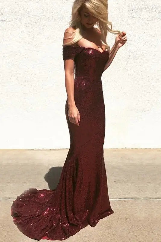 Column Strapless Long Sequins Burgundy Prom Dresses Formal Evening Gowns