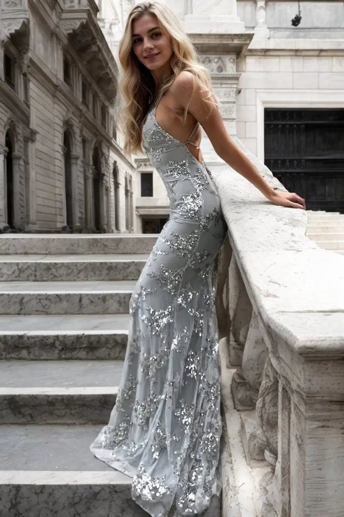 Trumpet/Mermaid V Neck Sleeveless Sweep Train Tulle Prom Dresses With Beading Appliqued