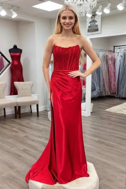 Sheath/Column Elastic Woven Satin Ruched Off-the-Shoulder Sleeveless Sweep/Brush Train Prom Dresses