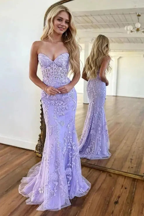 Sheath/Column Tulle Applique Sweetheart Sleeveless Sweep/Brush Train Prom Dresses