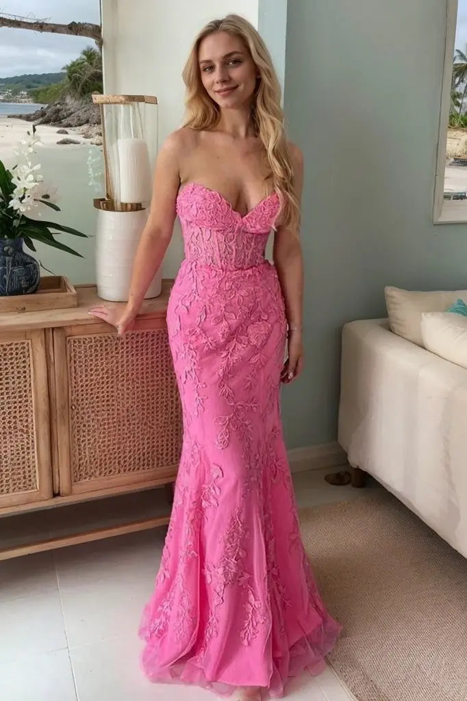 Sheath/Column Tulle Applique Sweetheart Sleeveless Sweep/Brush Train Prom Dresses