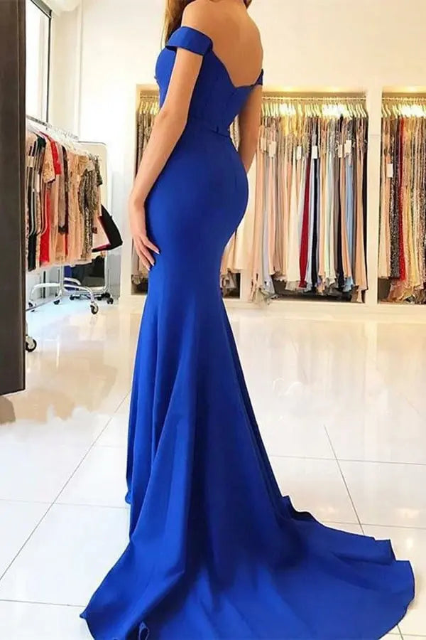 Mermaid Elastic Satin Strapless Long Formal Royal Blue Prom Dresses