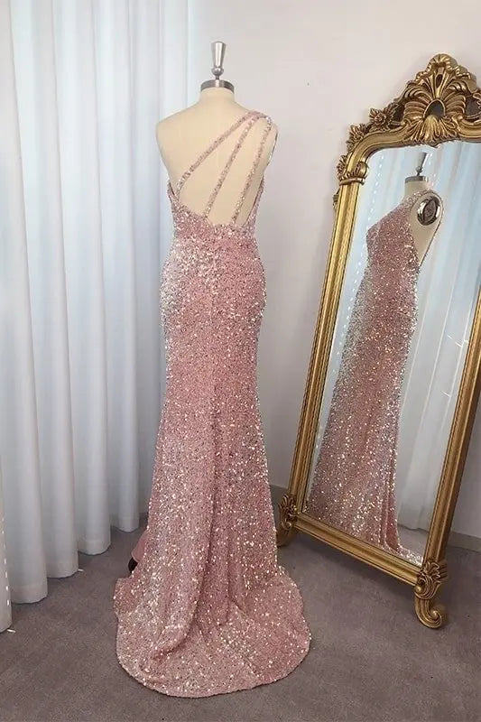 Sheath/Column Sequins One-Shoulder Sleeveless Sweep/Brush Train Prom Dresses