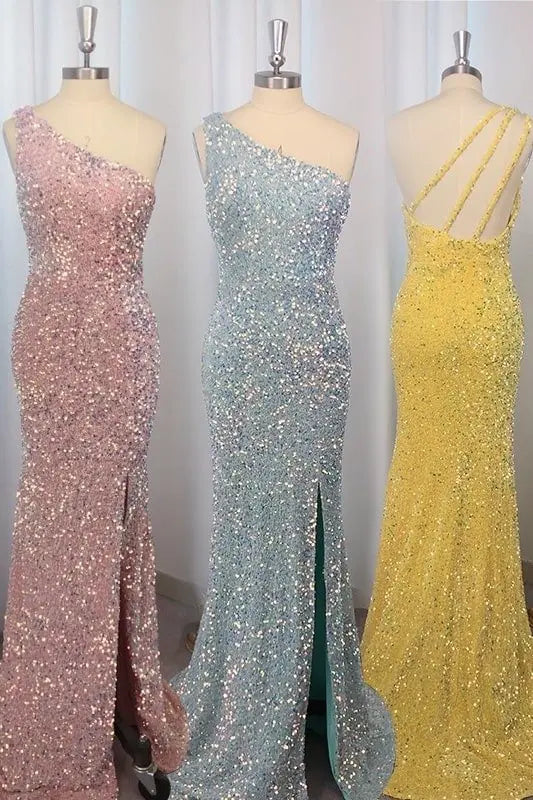 Sheath/Column Sequins One-Shoulder Sleeveless Sweep/Brush Train Prom Dresses