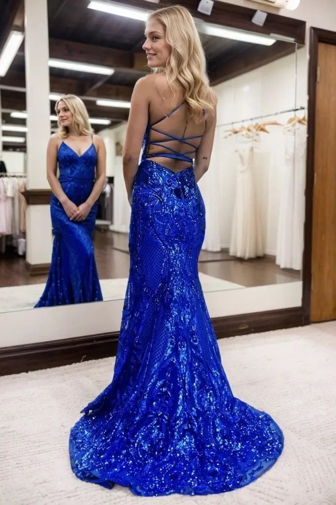 Trumpet/Mermaid V Neck Sleeveless Sweep Train Allover Sparkly Sequined Lace Prom Dress