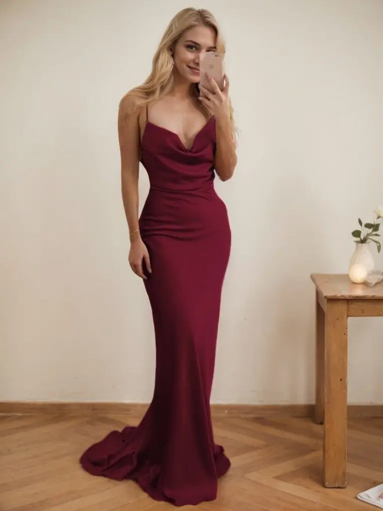 Sheath/Column Cowl Neck Spaghetti Straps Sweep Train Satin Prom Dress