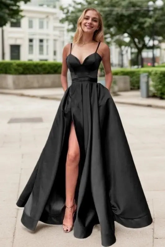 Satin Prom Dress A-line/Princess Long/Floor-Length Sleeveless With Split Pockets