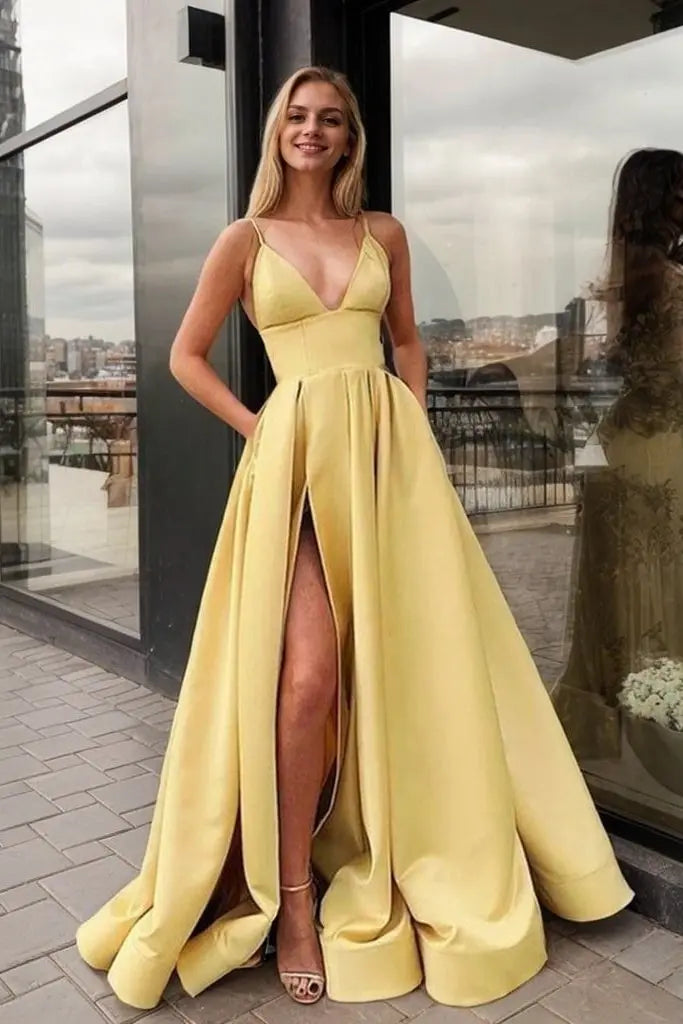 A-line V Neck Sleeveless Sweep Train Satin Prom Dress With Split Pockets