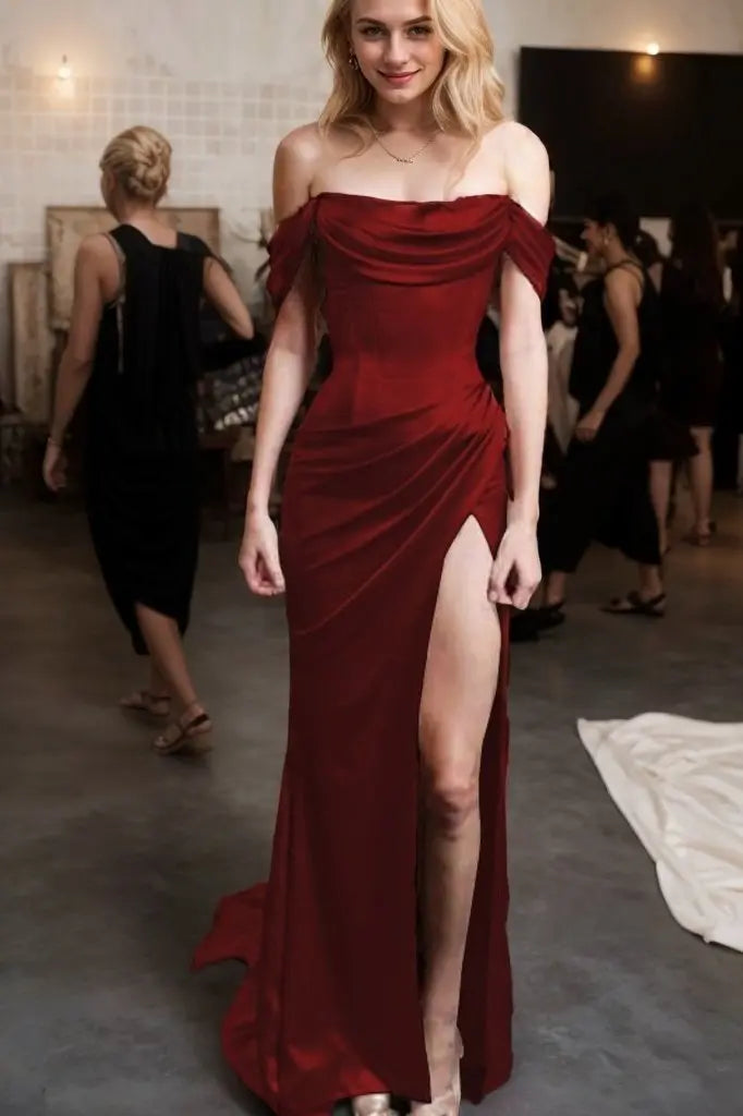 Sheath/Column Off-the-Shoulder Short Sleeve Sweep Train Satin Prom Dress With Pleated