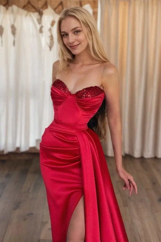 Sheath/Column Elastic Woven Satin Ruched Sweetheart Sleeveless Sweep/Brush Train Prom Dresses