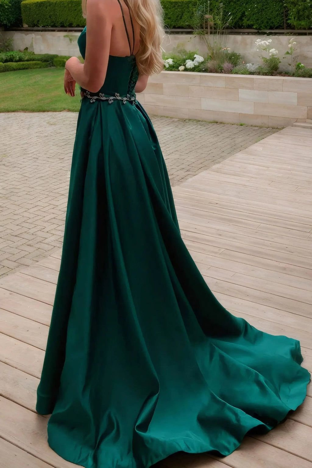 A-line V Neck Sleeveless Satin Sweep Train Prom Dress With Pockets Waistband Split