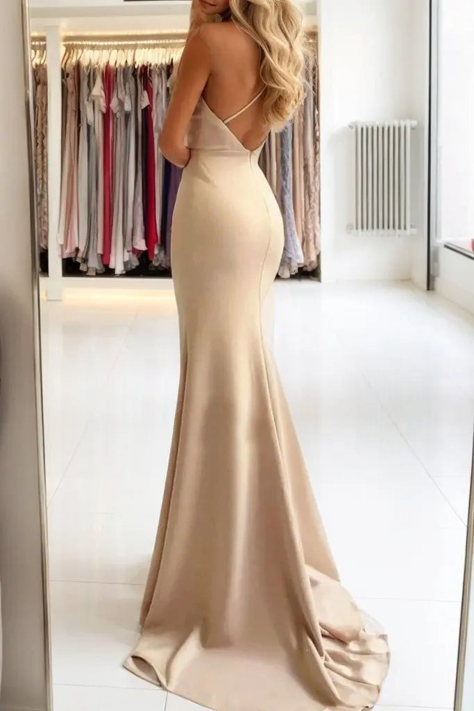 Trumpet/Mermaid V Neck Sleeveless Sweep Train Satin Prom Dresses